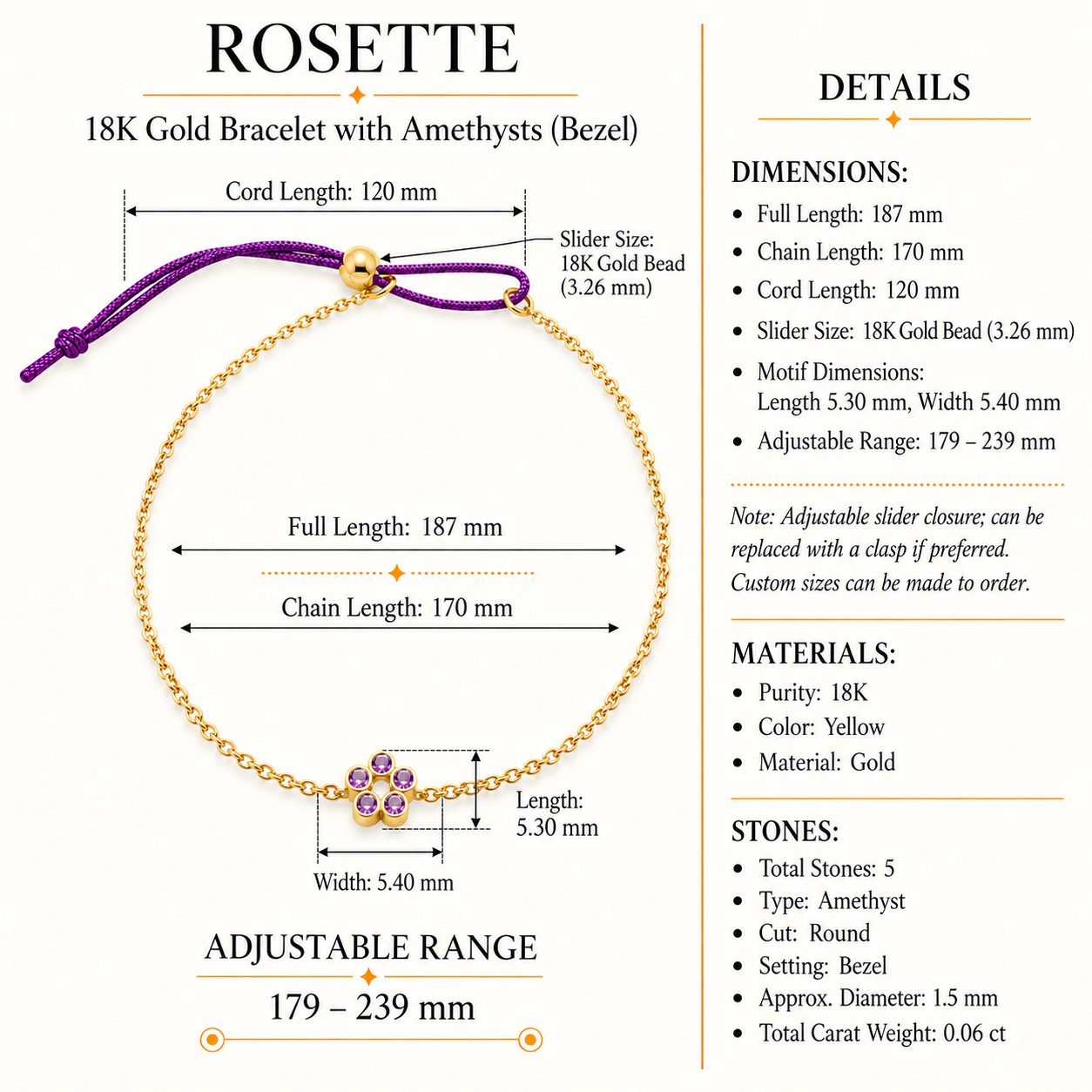 Rosette - 18K Gold Bracelet with Amethysts by Bed of Stones Jewelry, product dimensions and stone details diagram