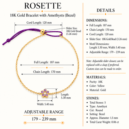 Rosette - 18K Gold Bracelet with Amethysts by Bed of Stones Jewelry, product dimensions and stone details diagram