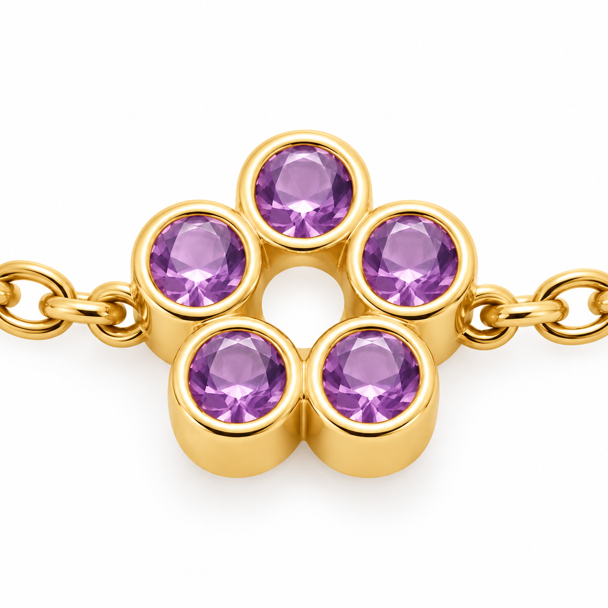 Close-up of amethyst bezel setting on Rosette 18K Gold Bracelet by Bed of Stones Jewelry