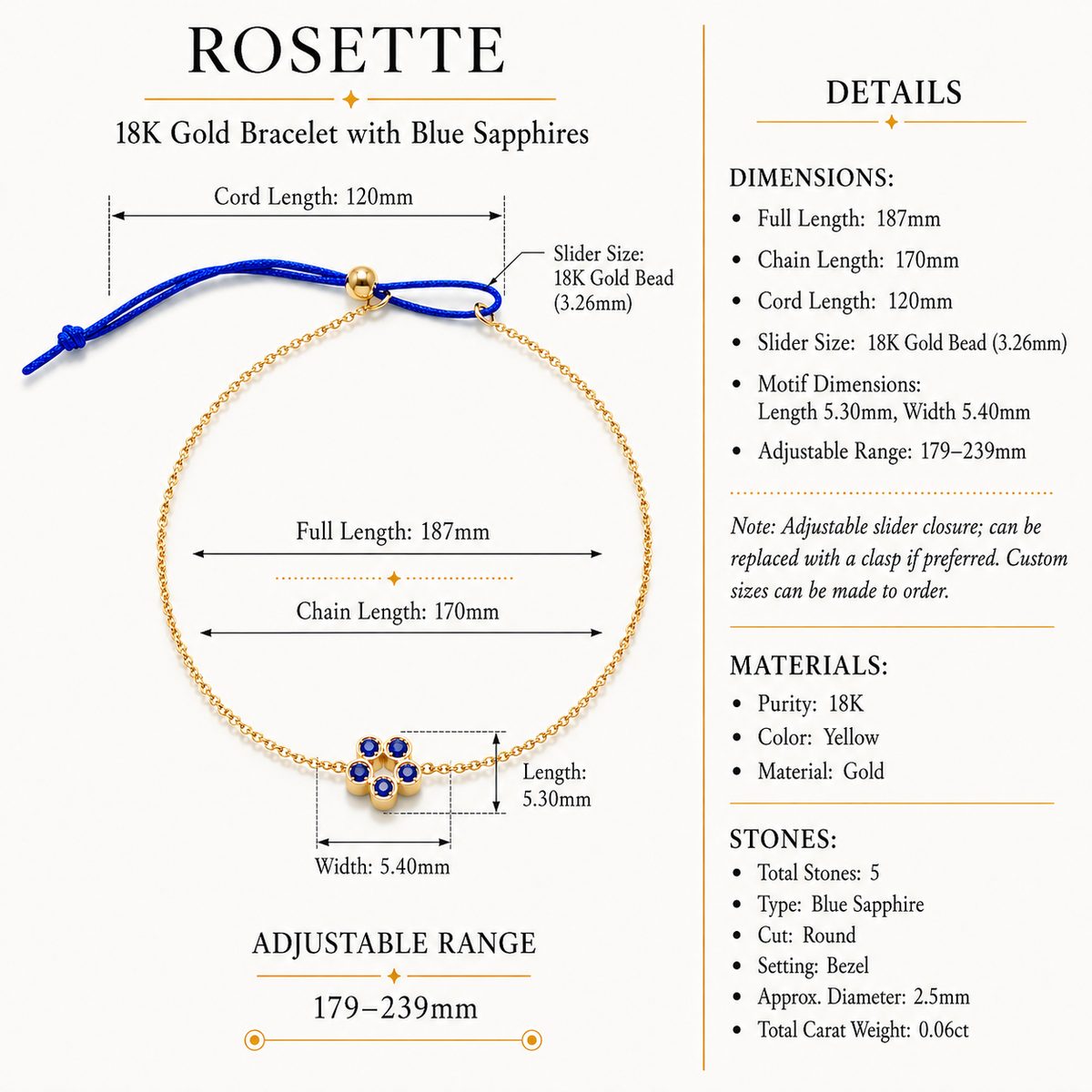 Rosette - 18K Gold Bracelet with Blue Sapphires by Bed of Stones Jewelry, product dimensions and stone details diagram