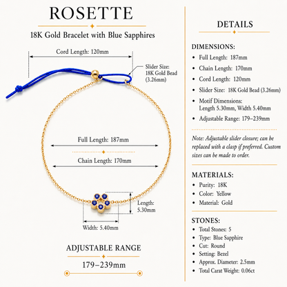 Rosette - 18K Gold Bracelet with Blue Sapphires by Bed of Stones Jewelry, product dimensions and stone details diagram
