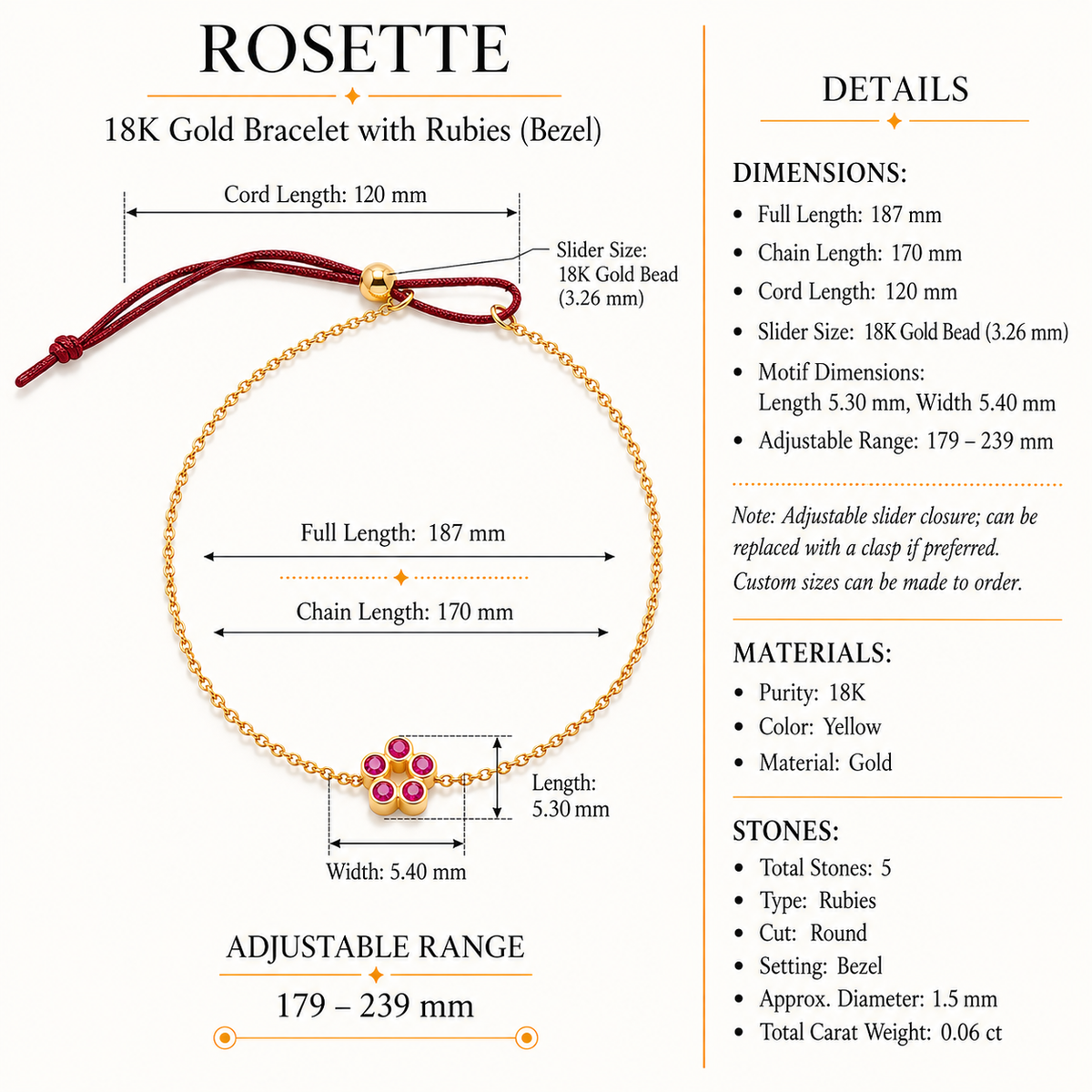 Rosette - 18K Gold Bracelet with Rubies by Bed of Stones Jewelry, product dimensions and stone details diagram