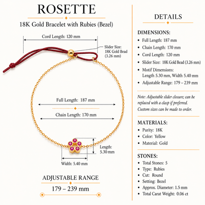 Rosette - 18K Gold Bracelet with Rubies by Bed of Stones Jewelry, product dimensions and stone details diagram