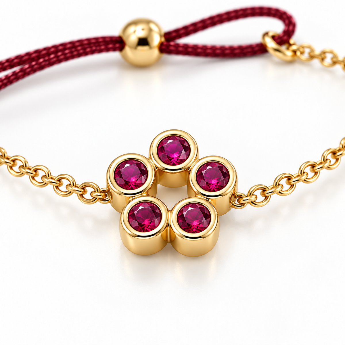 Close-up of ruby bezel setting on Rosette 18K Gold Bracelet by Bed of Stones Jewelry