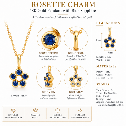 Rosette Charm - 18K Gold Pendant with Blue Sapphire by Bed of Stones Jewelry, close-up of blue sapphire bezel setting with product dimensions and stone details diagram