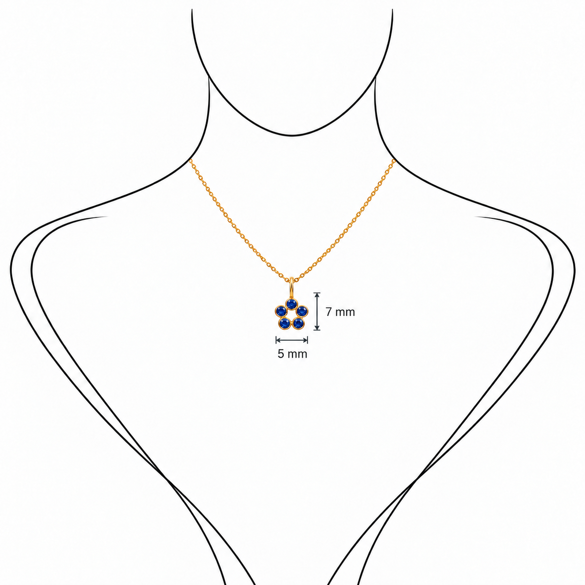 Rosette Charm - 18K Gold Pendant with Blue Sapphire by Bed of Stones Jewelry, illustration showing pendant placement