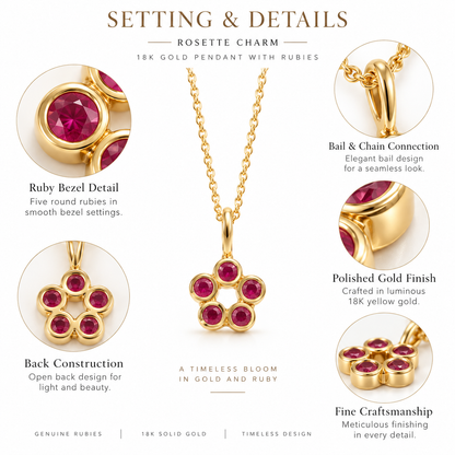 Rosette Charm - 18K Gold Pendant with Rubies by Bed of Stones Jewelry, close-up of ruby bezel setting with product dimensions and stone details diagram