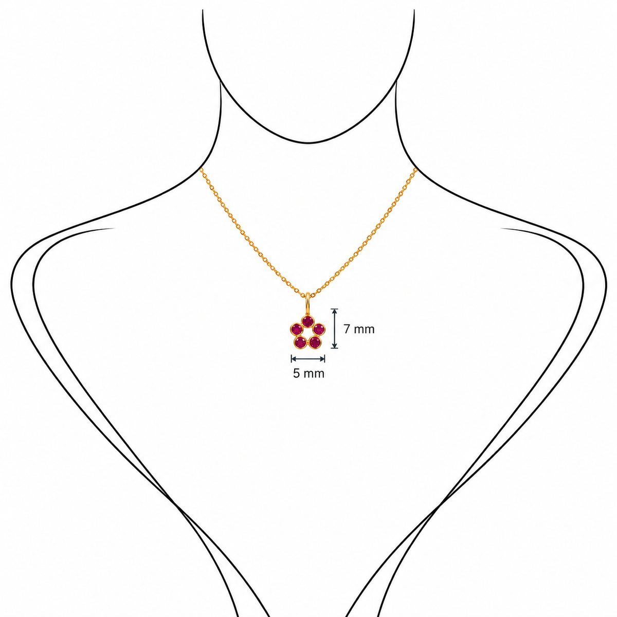 Rosette Charm - 18K Gold Pendant with Rubies by Bed of Stones Jewelry, illustration showing pendant placement