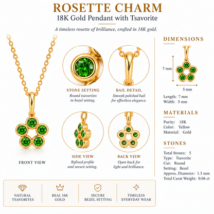 Rosette Charm - 18K Gold Pendant with Tsavorite by Bed of Stones Jewelry, close-up of tsavorite bezel setting with product dimensions and stone details diagram