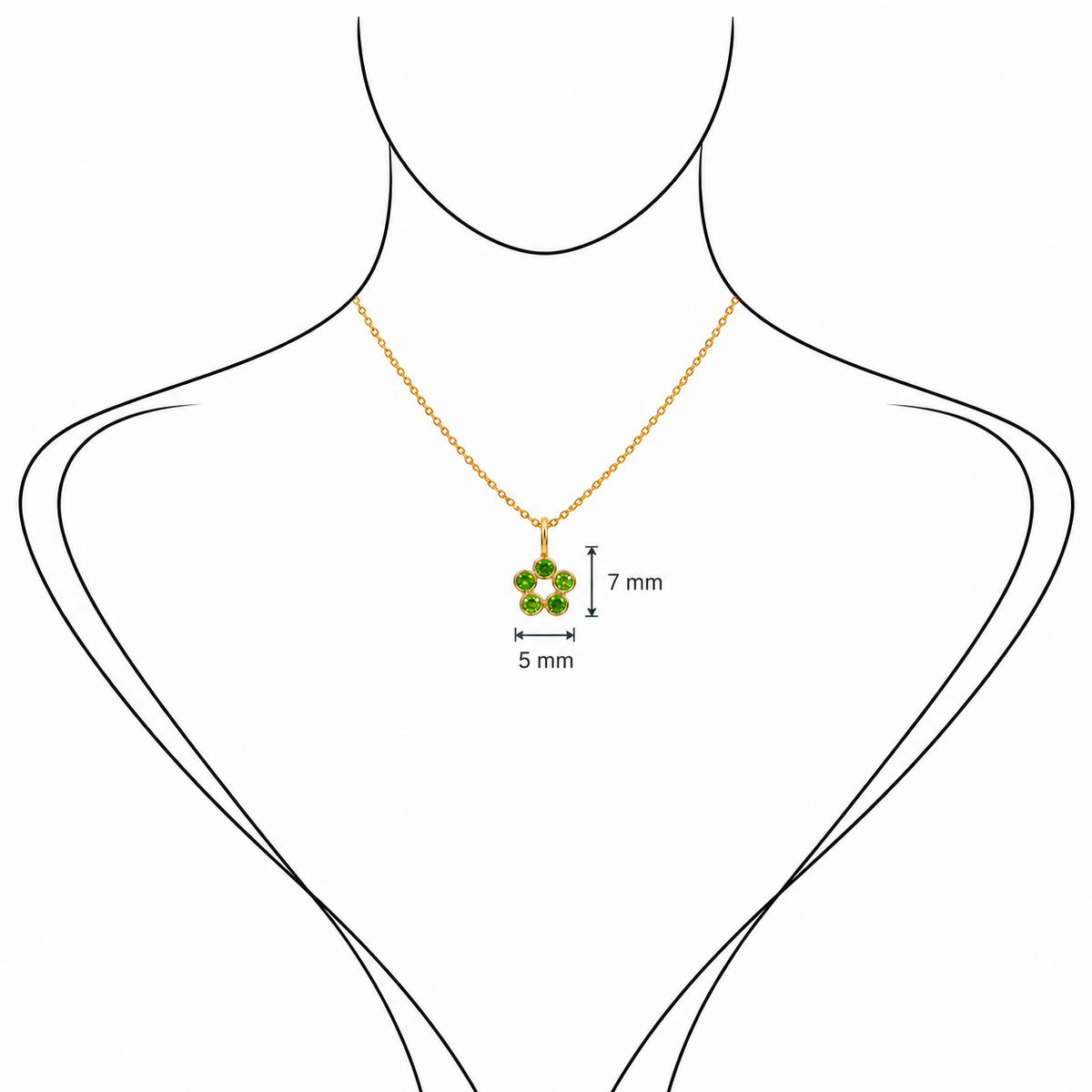 Rosette Charm - 18K Gold Pendant with Tsavorite by Bed of Stones Jewelry, illustration showing pendant placement