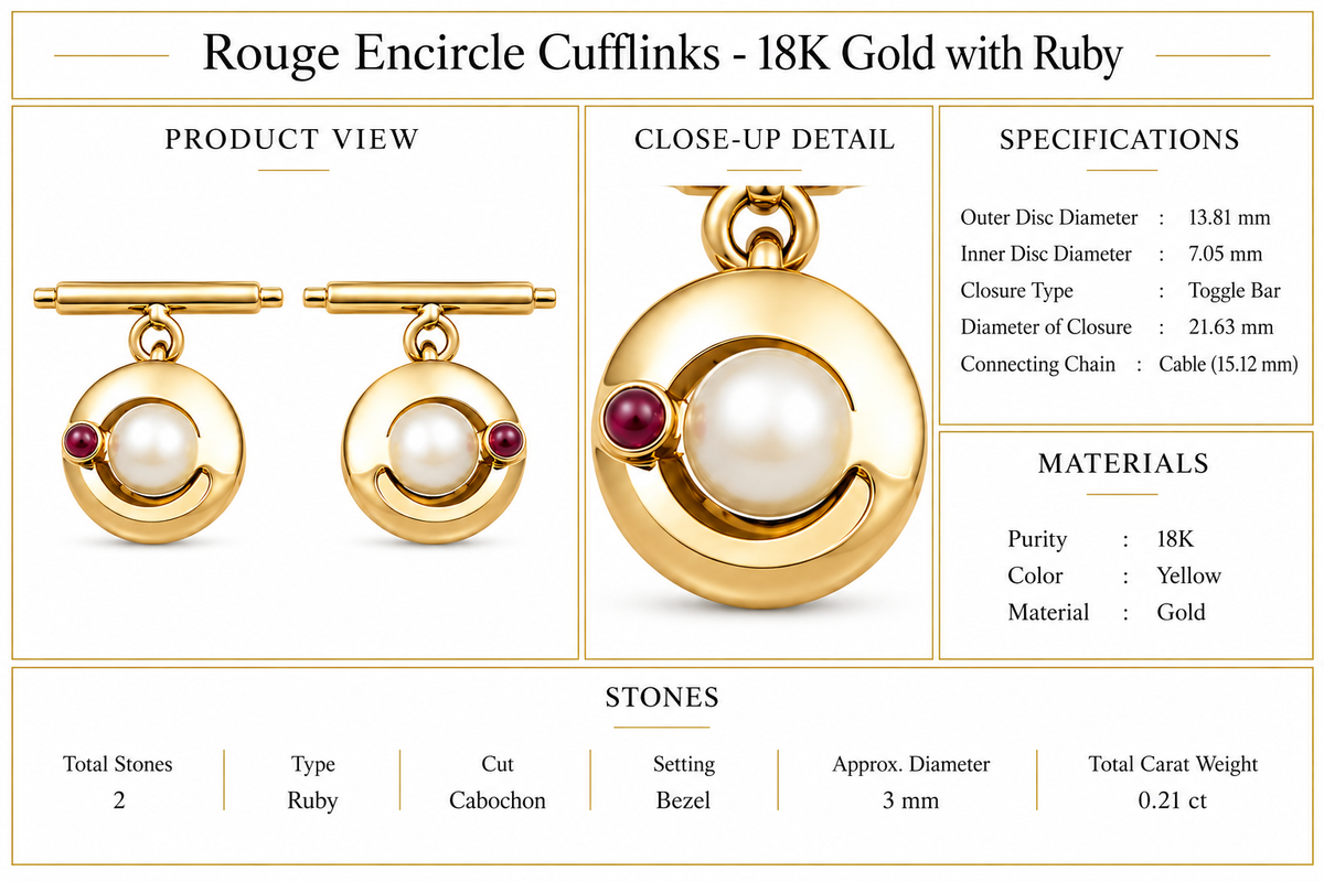 Rouge Encircle Cufflinks - 18K Gold with Ruby by Bed of Stones Jewelry, product dimensions and stone details diagram
