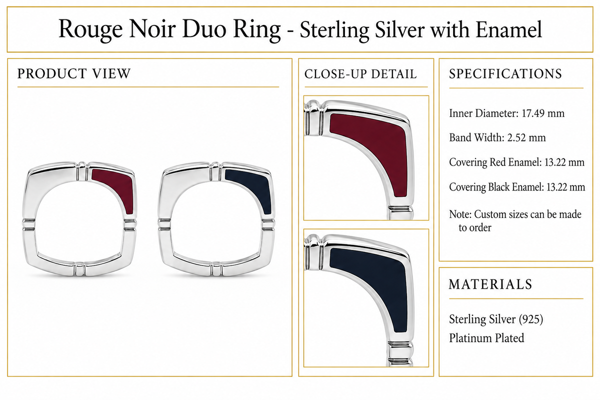 Rouge Noir Duo Ring - Sterling Silver with Enamel by Bed of Stones Jewelry, product dimensions and enamel details diagram