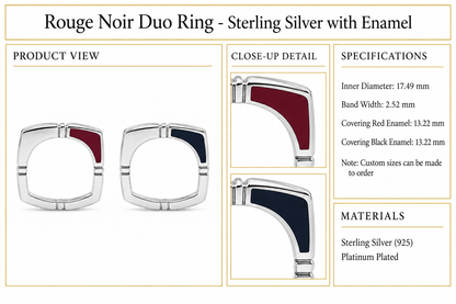 Rouge Noir Duo Ring - Sterling Silver with Enamel by Bed of Stones Jewelry, product dimensions and enamel details diagram