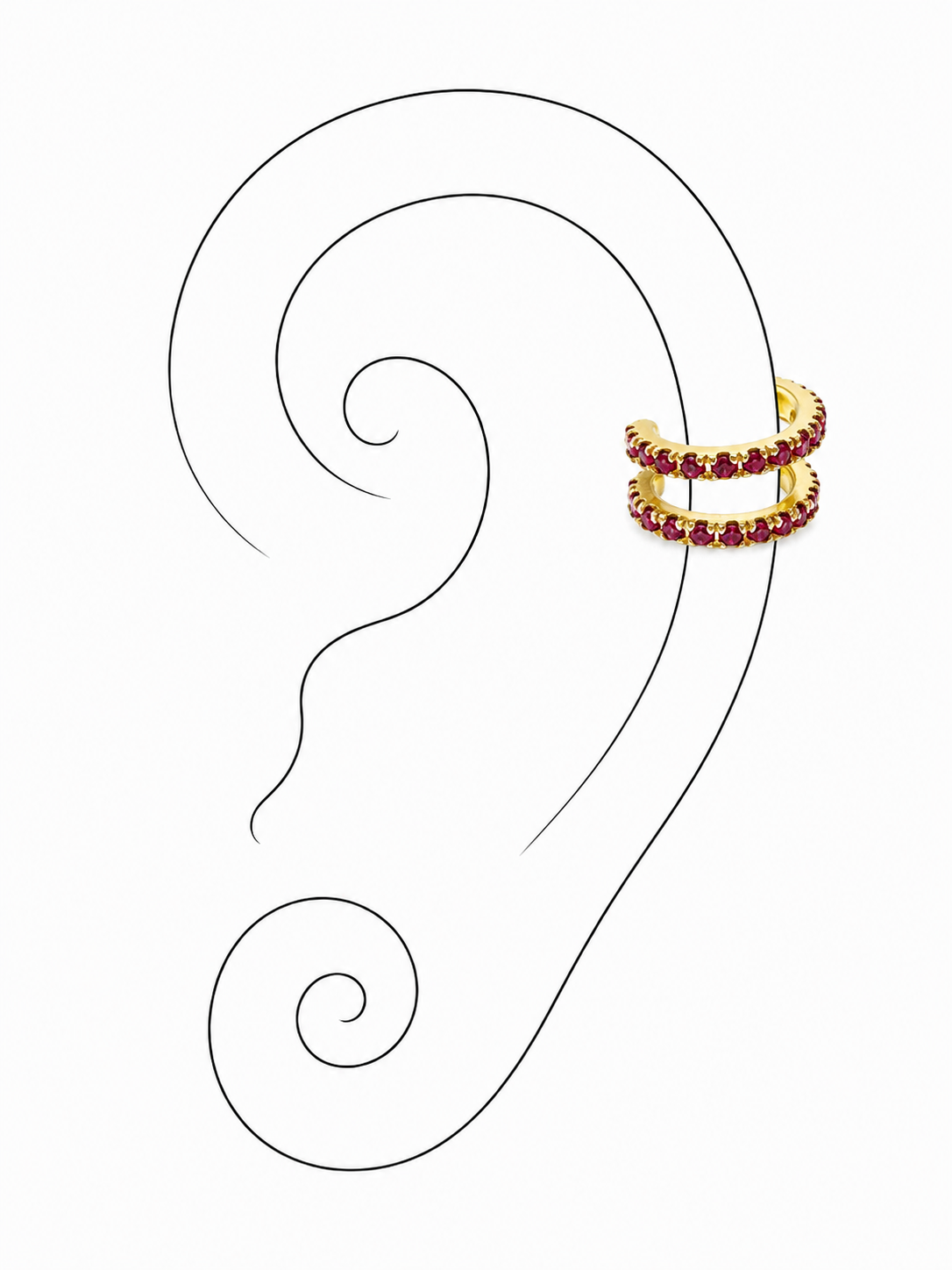 Ruby Spiral 18K Gold Ear Cuff by Bed of Stones Jewelry, illustration showing ear placement
