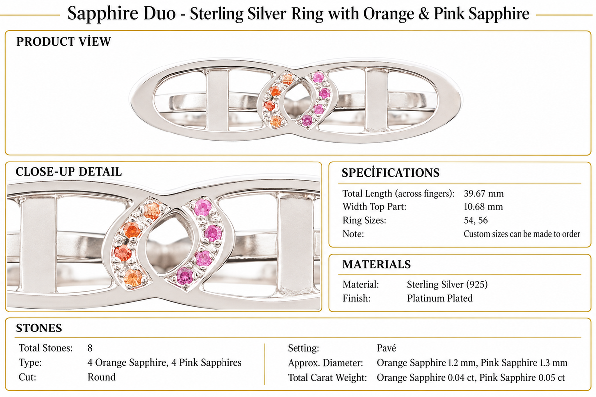 Sapphire Duo - Sterling Silver Ring with Orange & Pink Sapphire by Bed of Stones Jewelry, product dimensions and stone details diagram