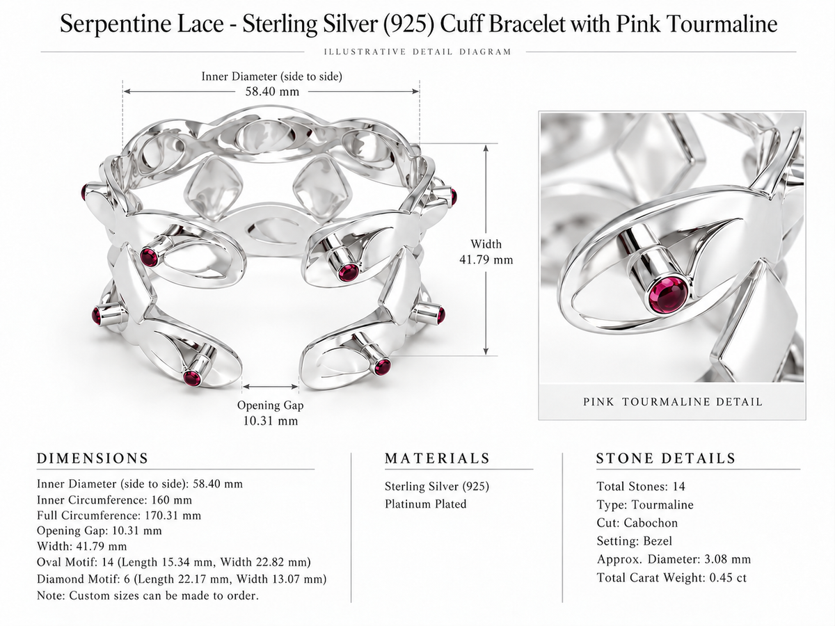 Serpentine Lace - Sterling Silver (925) Cuff Bracelet with Pink Tourmaline by Bed of Stones Jewelry, close-up of cabochon-cut pink tourmaline bezel setting with product dimensions and stone details diagram