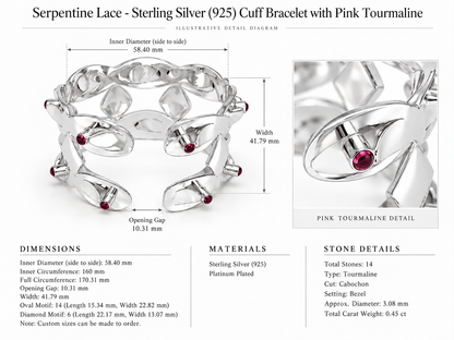 Serpentine Lace - Sterling Silver (925) Cuff Bracelet with Pink Tourmaline by Bed of Stones Jewelry, close-up of cabochon-cut pink tourmaline bezel setting with product dimensions and stone details diagram