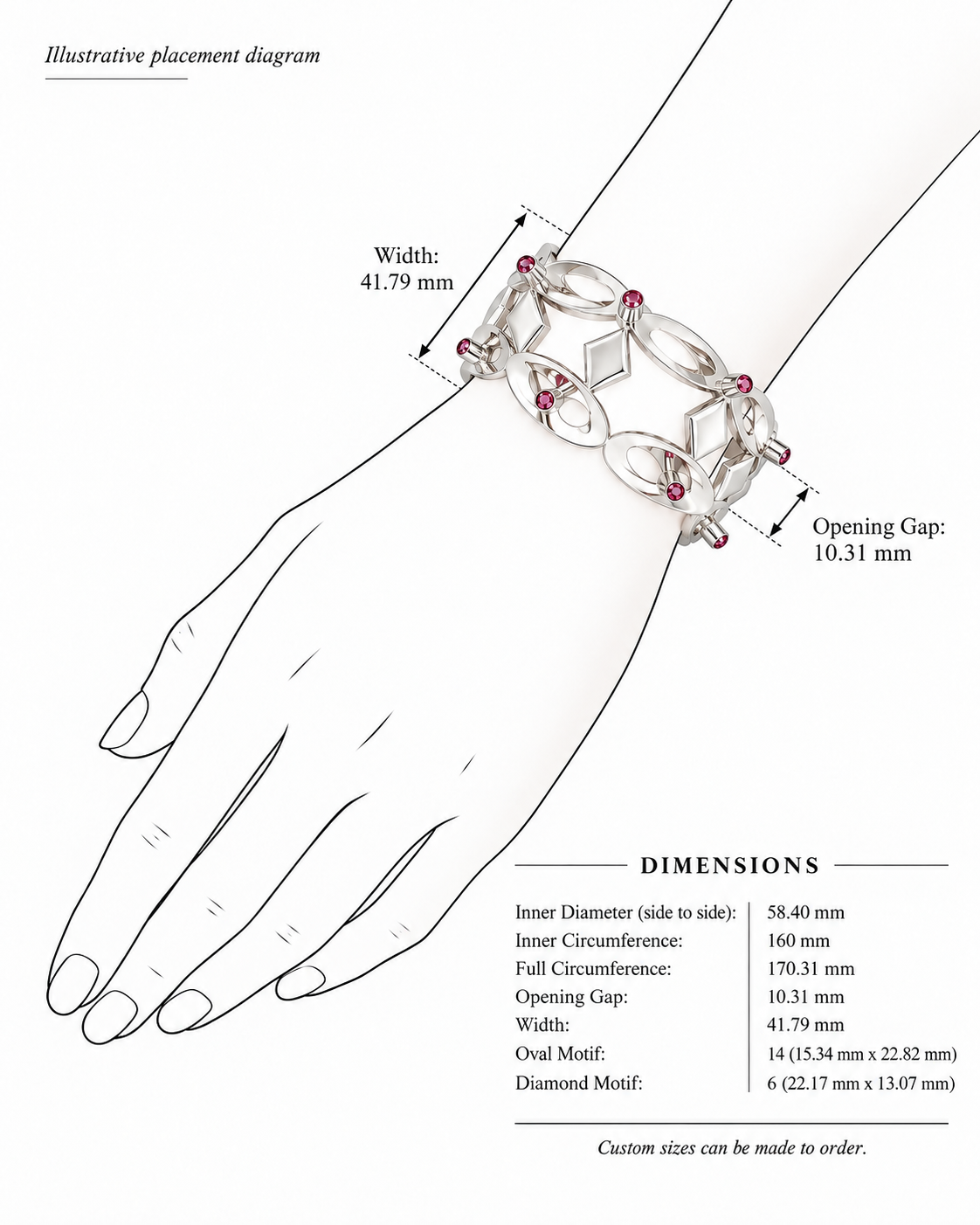 Serpentine Lace - Sterling Silver (925) Cuff Bracelet with Pink Tourmaline by Bed of Stones Jewelry, illustration showing wrist placement