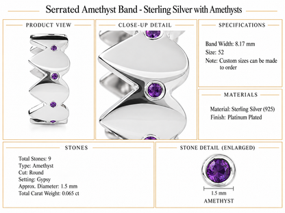 Serrated Amethyst Band - Sterling Silver with Amethysts by Bed of Stones Jewelry, product dimensions and stone details diagram