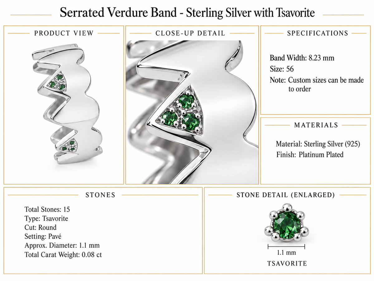 Serrated Verdure Band - Sterling Silver with Tsavorite by Bed of Stones Jewelry, product dimensions and stone details diagram