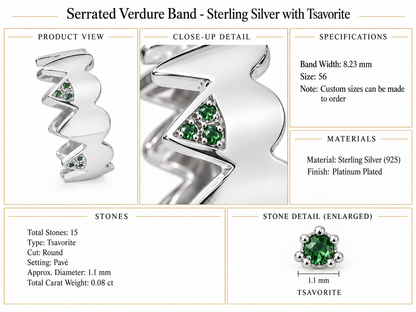 Serrated Verdure Band - Sterling Silver with Tsavorite by Bed of Stones Jewelry, product dimensions and stone details diagram