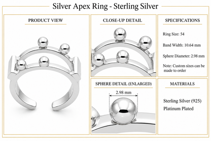 Silver Apex Ring - Sterling Silver by Bed of Stones Jewelry, product dimensions and sphere details diagram