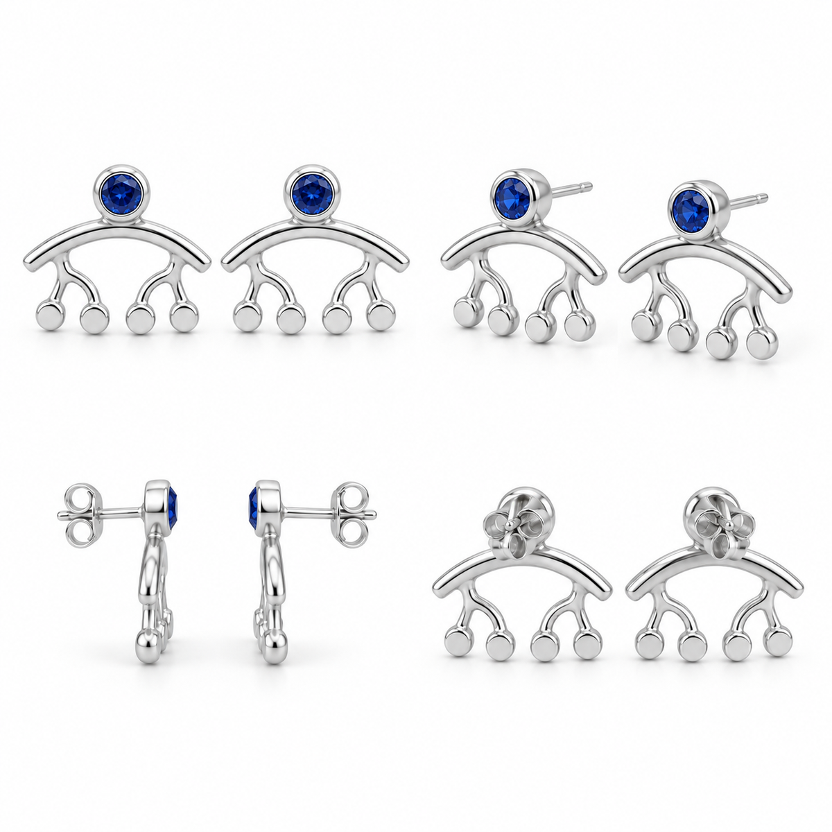 Silver Swing Stud Earrings - Sterling Silver with Blue Sapphire by Bed of Stones Jewelry, multi-angle product view