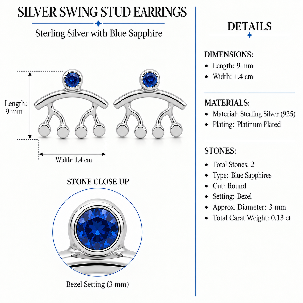 Silver Swing Stud Earrings - Sterling Silver with Blue Sapphire by Bed of Stones Jewelry, product dimensions and stone details diagram