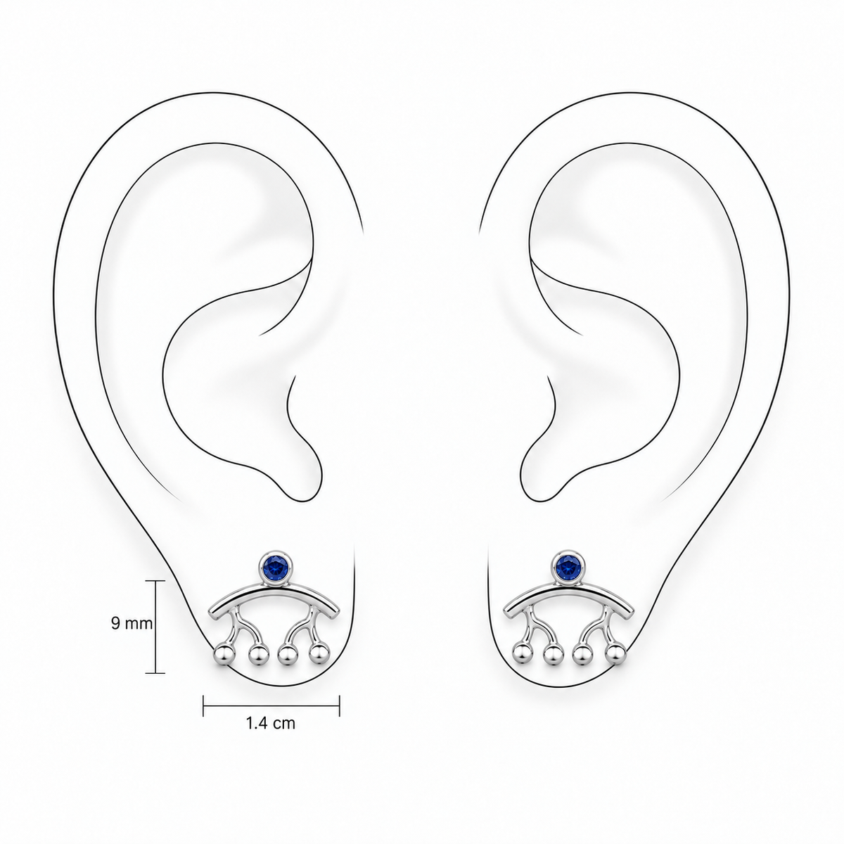 Silver Swing Stud Earrings by Bed of Stones Jewelry, illustration showing ear placement