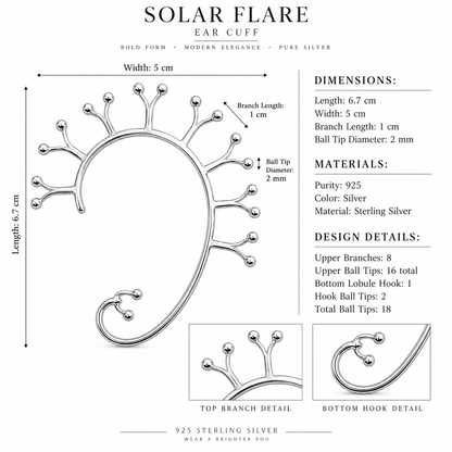 Solar Flare - Sterling Silver (925) Ear Cuff by Bed of Stones Jewelry, product dimensions diagram