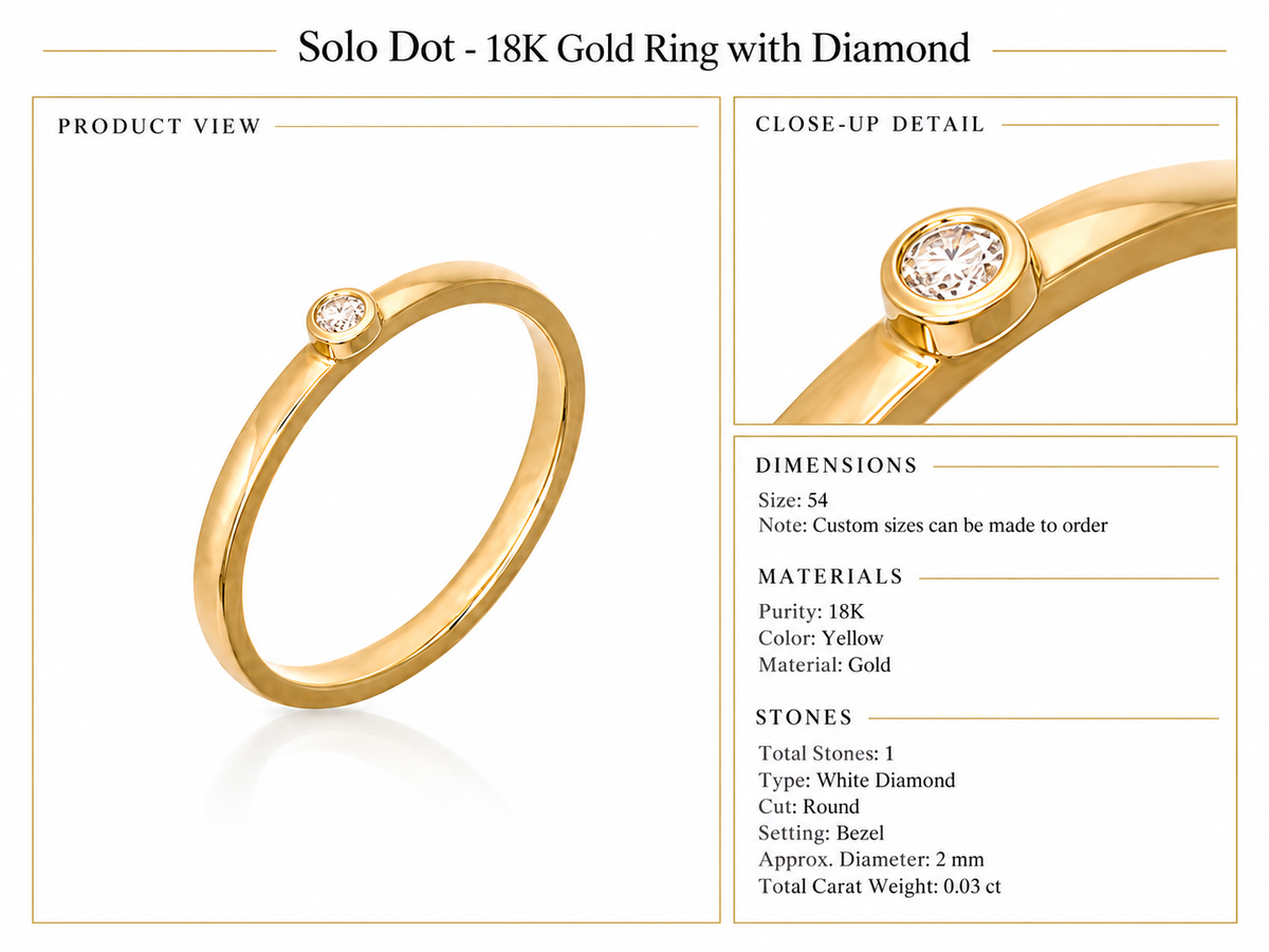 Solo Dot - 18K Gold Ring with Diamond by Bed of Stones Jewelry, product dimensions and stone details diagram