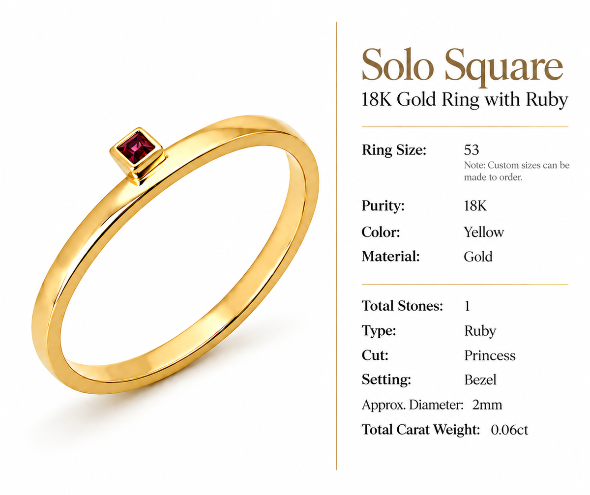Solo Square - 18K Gold Ring with Ruby by Bed of Stones Jewelry, product dimensions and stone details diagram