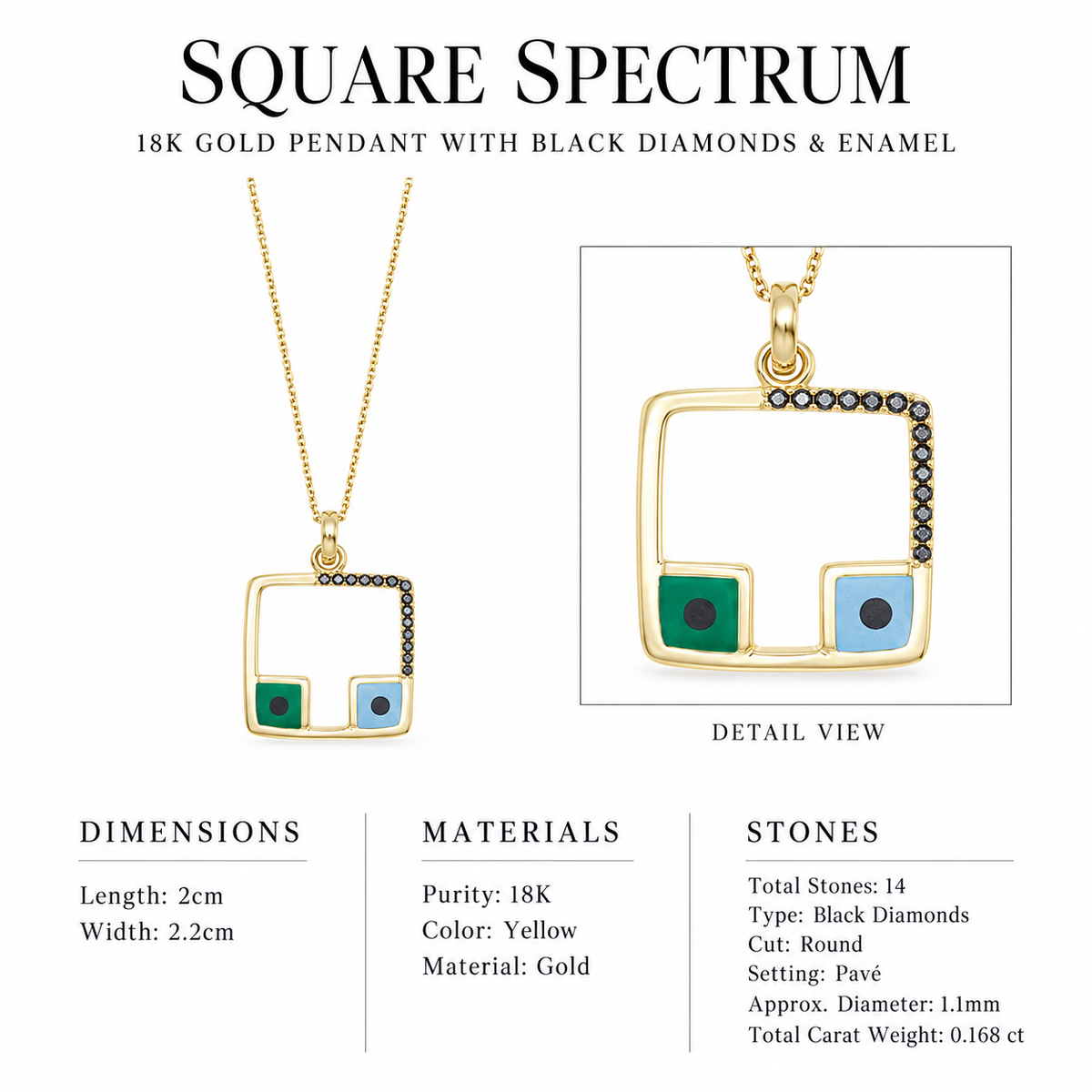 Square Spectrum - 18K Gold Pendant with Black Diamonds & Enamel by Bed of Stones Jewelry, close-up of black diamond pavé setting with product dimensions and stone details diagram