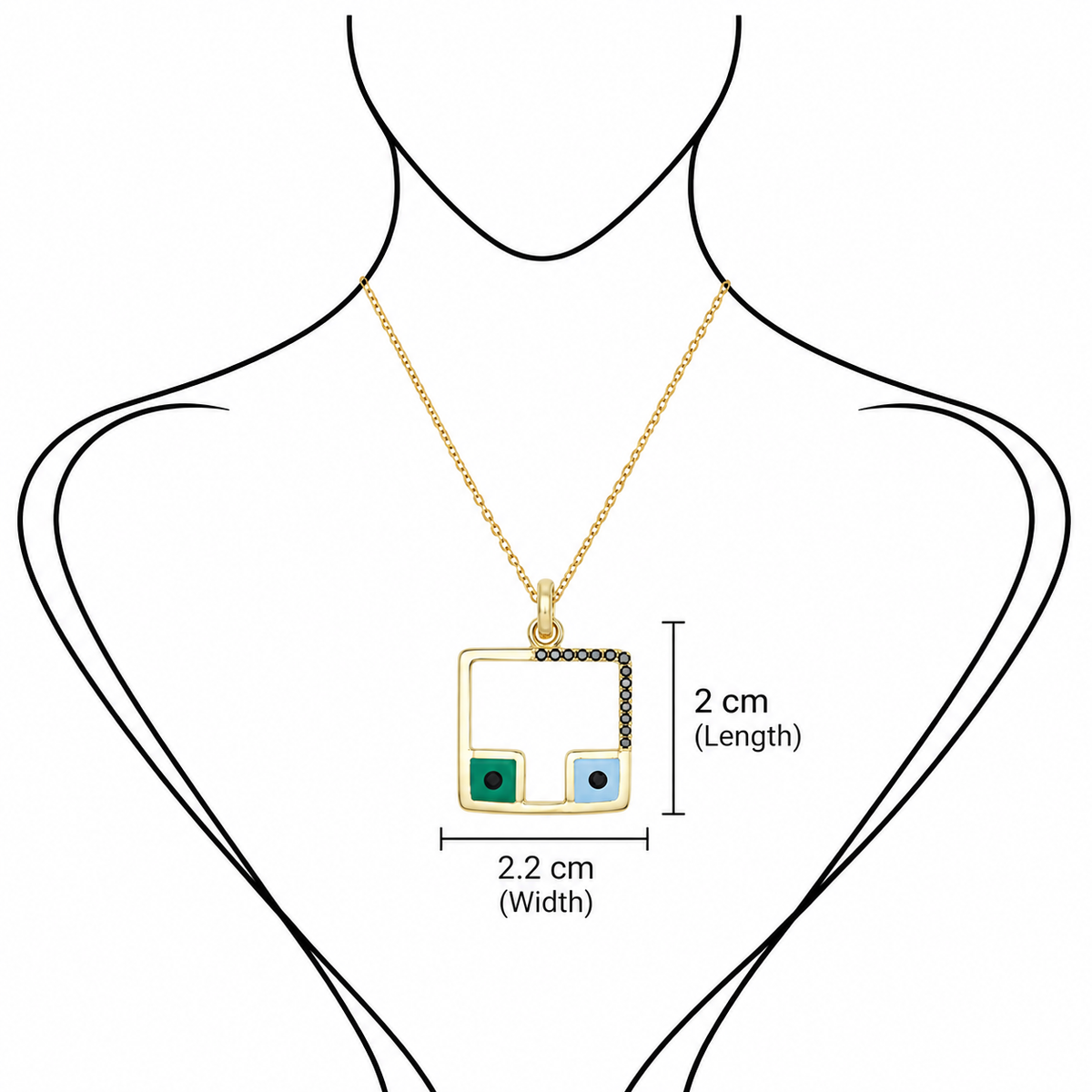 Square Spectrum - 18K Gold Pendant with Black Diamonds & Enamel by Bed of Stones Jewelry, illustration showing pendant placement