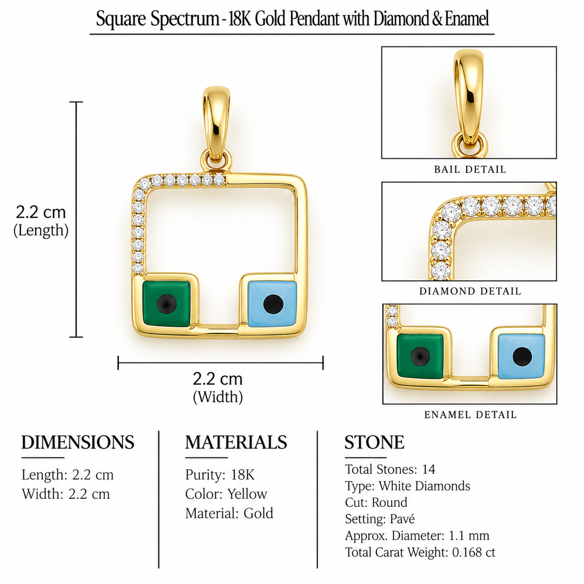 Square Spectrum - 18K Gold Pendant with Diamond & Enamel by Bed of Stones Jewelry, close-up of white diamond pavé setting with product dimensions and stone details diagram