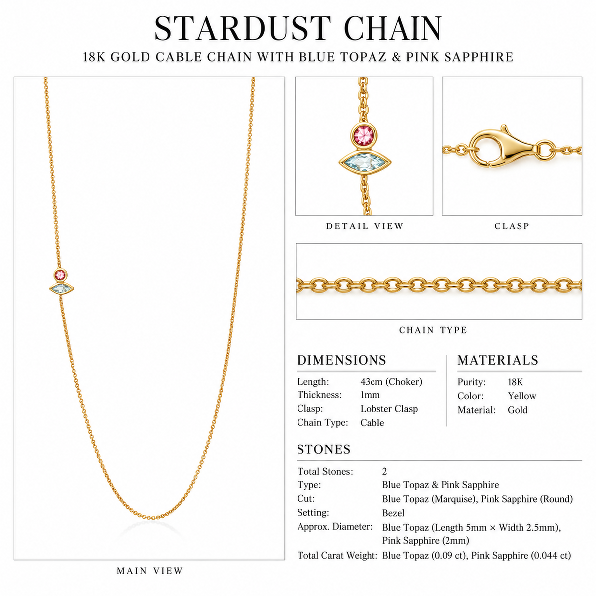 Stardust Chain - 18K Gold Cable Chain with Blue Topaz & Pink Sapphire by Bed of Stones Jewelry, close-up of blue topaz and pink sapphire bezel setting with product dimensions and stone details diagram
