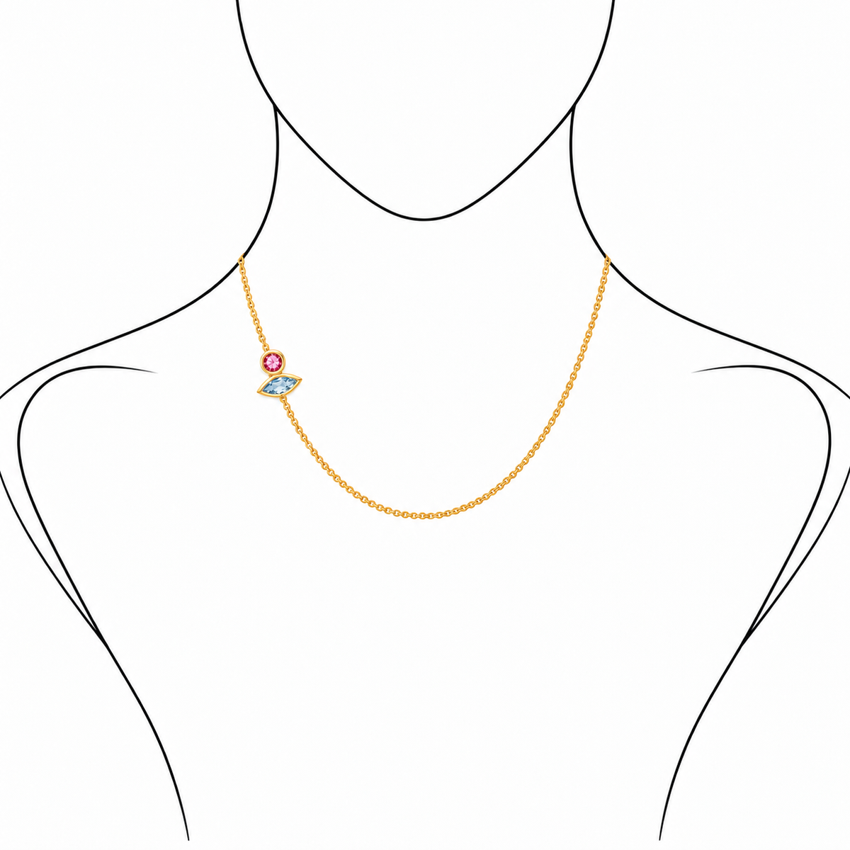 Stardust Chain - 18K Gold Cable Chain with Blue Topaz & Pink Sapphire by Bed of Stones Jewelry, illustration showing chain placement