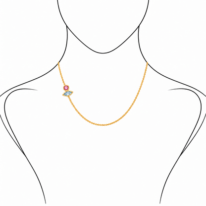 Stardust Chain - 18K Gold Cable Chain with Blue Topaz & Pink Sapphire by Bed of Stones Jewelry, illustration showing chain placement