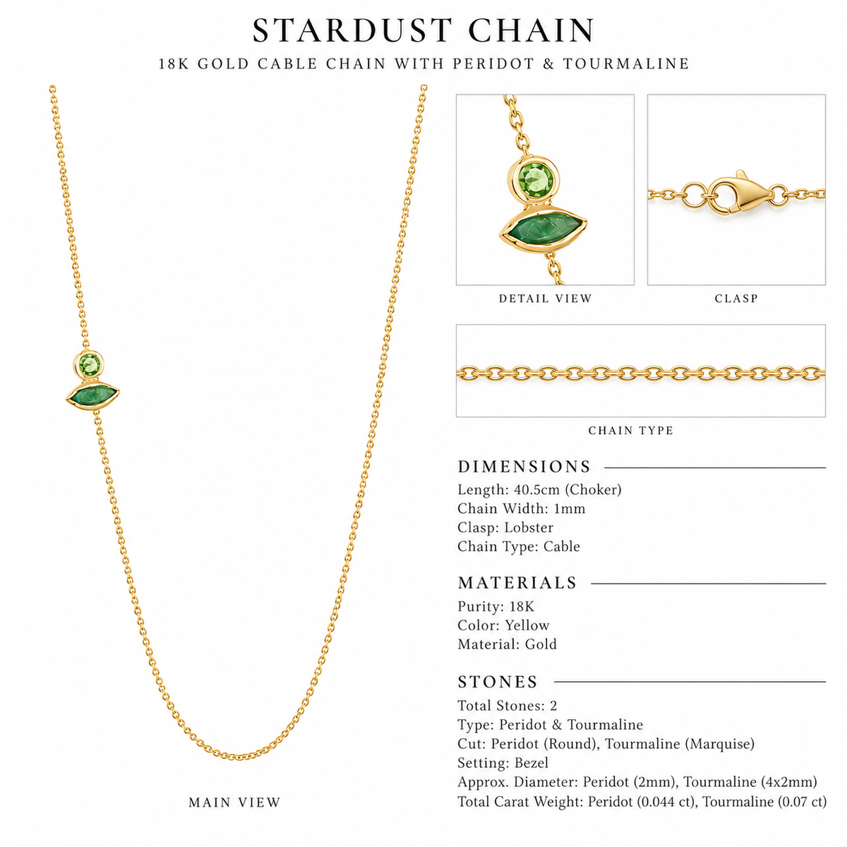 Stardust Chain - 18K Gold Cable Chain with Peridot & Tourmaline by Bed of Stones Jewelry, close-up of peridot and tourmaline bezel setting with product dimensions and stone details diagram
