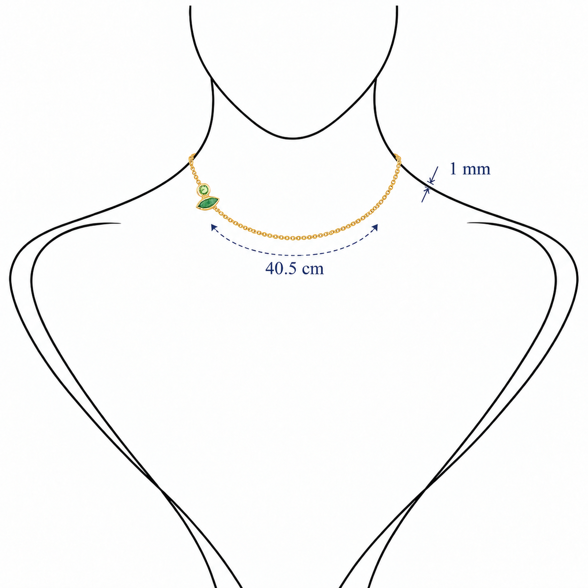 Stardust Chain - 18K Gold Cable Chain with Peridot & Tourmaline by Bed of Stones Jewelry, illustration showing chain placement