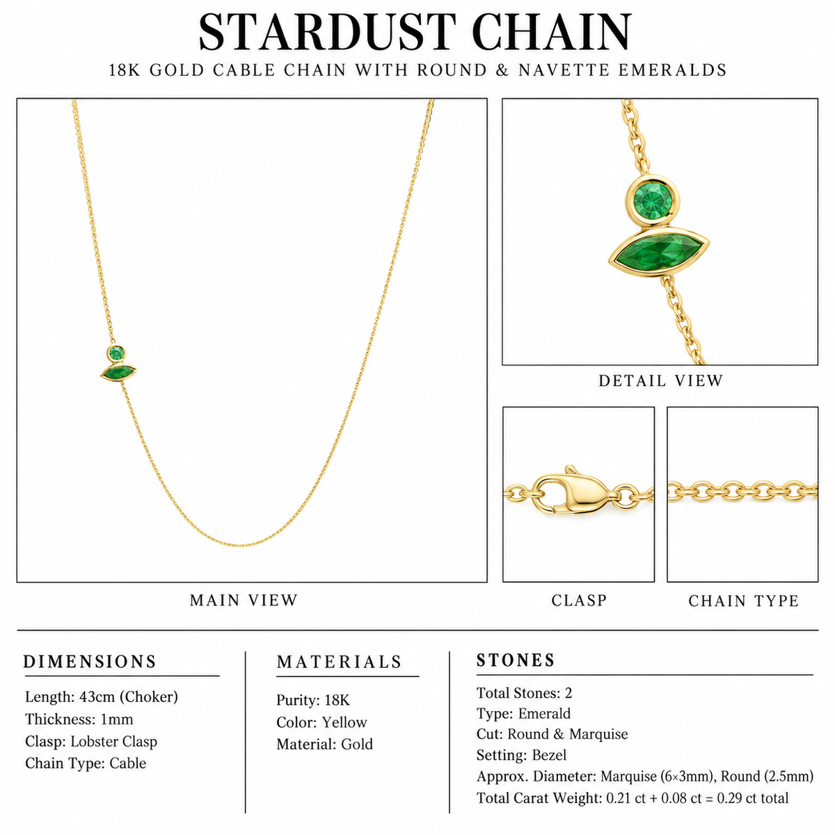 Stardust Chain - 18K Gold Cable Chain with Round & Navette Emeralds by Bed of Stones Jewelry, close-up of round and navette emerald bezel setting with product dimensions and stone details diagram