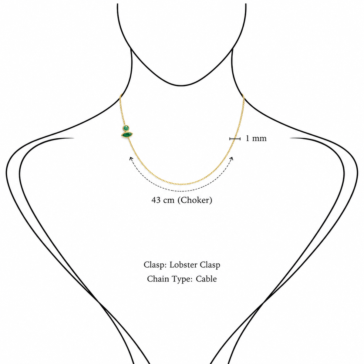 Stardust Chain - 18K Gold Cable Chain with Round & Navette Emeralds by Bed of Stones Jewelry, illustration showing chain placement