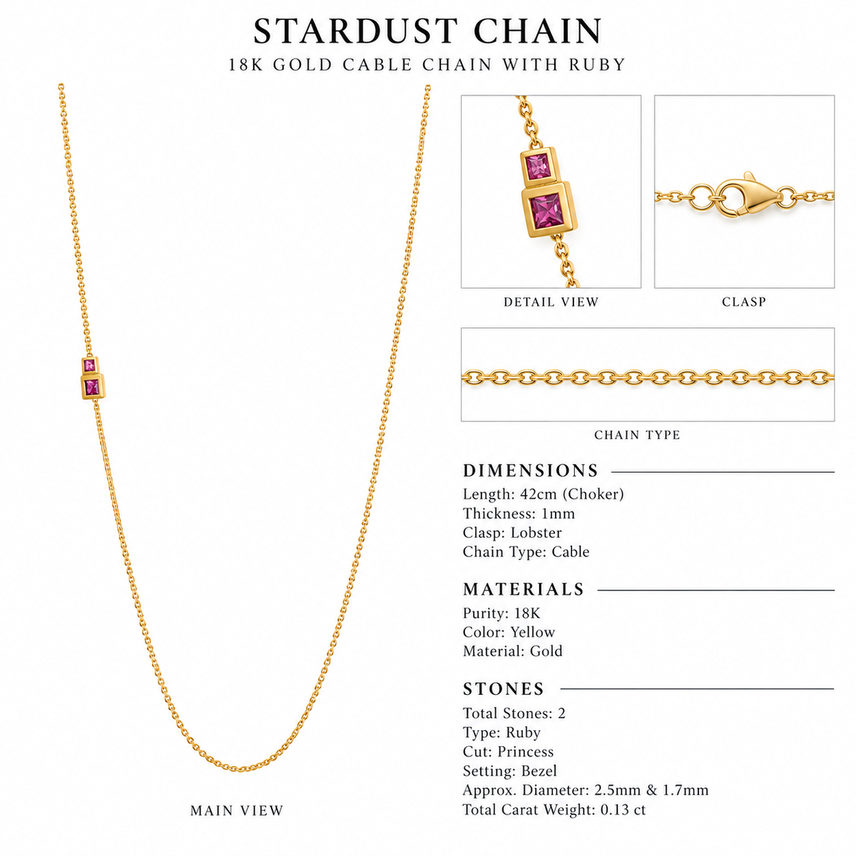 Stardust Chain - 18K Gold Cable Chain with Ruby by Bed of Stones Jewelry, close-up of ruby bezel setting with product dimensions and stone details diagram