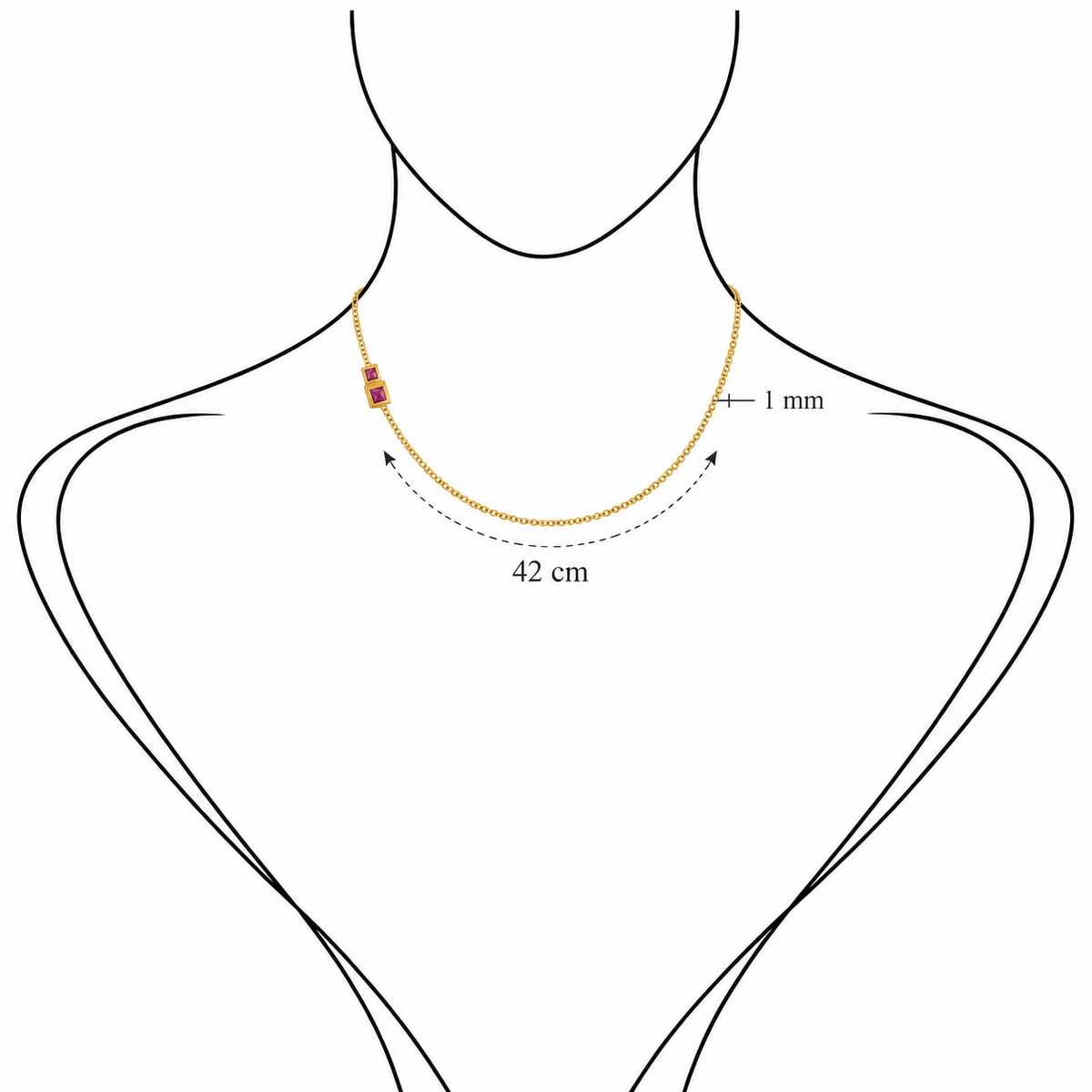 Stardust Chain - 18K Gold Cable Chain with Ruby by Bed of Stones Jewelry, illustration showing chain placement