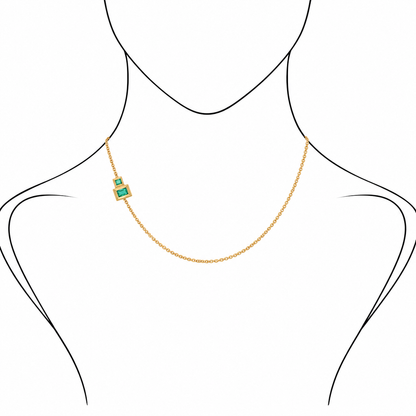 Stardust Chain - 18K Gold Cable Chain with Squared Emeralds by Bed of Stones Jewelry, illustration showing chain placement