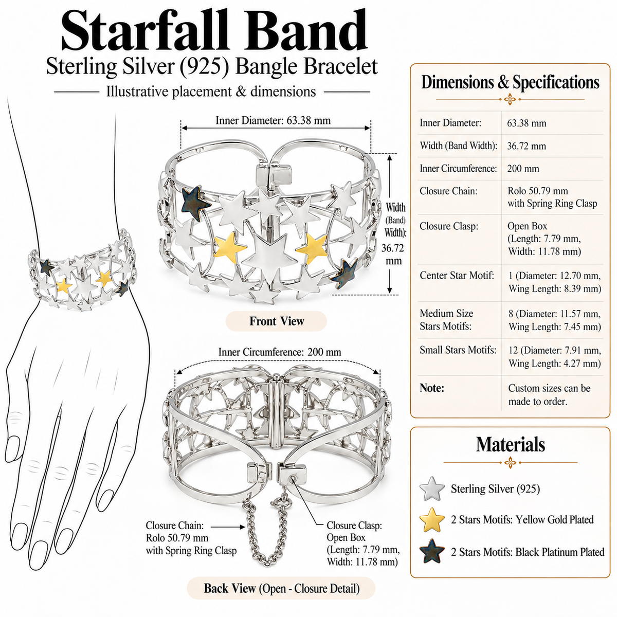 Starfall Band - Sterling Silver (925) Bangle Bracelet by Bed of Stones Jewelry, product dimensions diagram