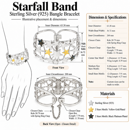 Starfall Band - Sterling Silver (925) Bangle Bracelet by Bed of Stones Jewelry, product dimensions diagram