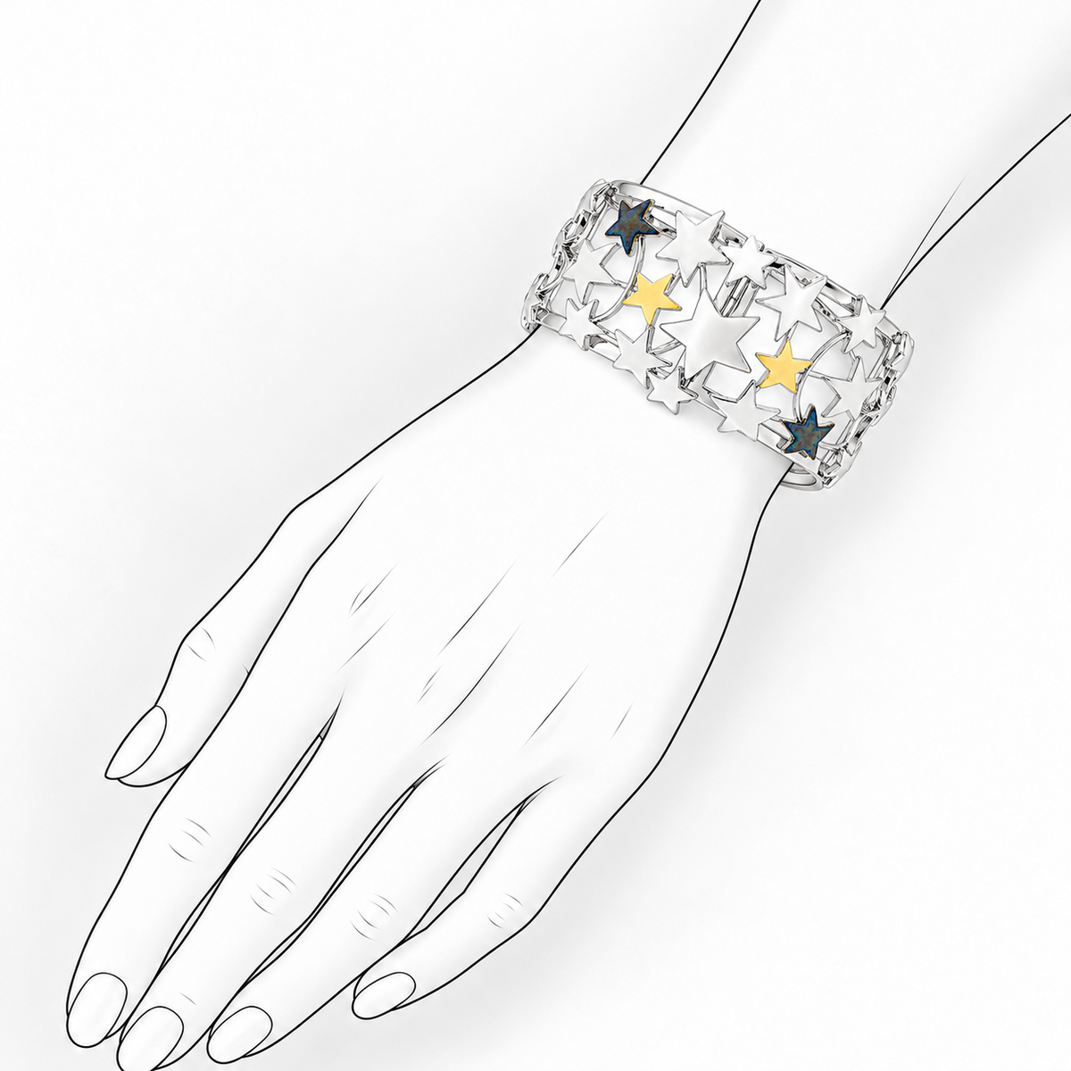 Starfall Band - Sterling Silver (925) Bangle Bracelet by Bed of Stones Jewelry, illustration showing wrist placement