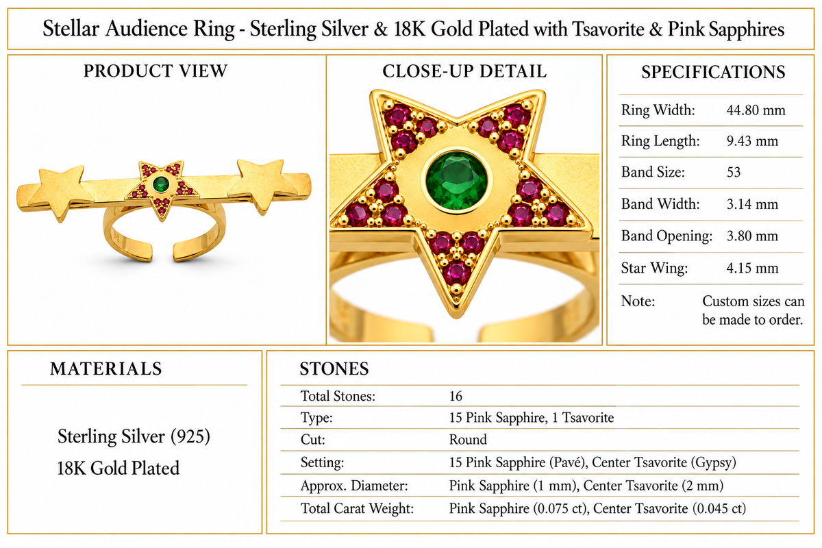 Stellar Audience Ring - Sterling Silver & 18K Gold Plated with Tsavorite & Pink Sapphires by Bed of Stones Jewelry, product dimensions and stone details diagram