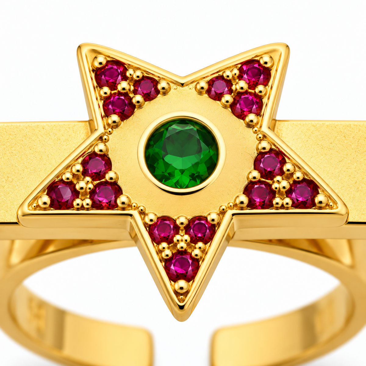 Close-up of round-cut tsavorite gypsy setting and round-cut pink sapphire pavé setting on Stellar Audience Ring Sterling Silver & 18K Gold Plated by Bed of Stones Jewelry